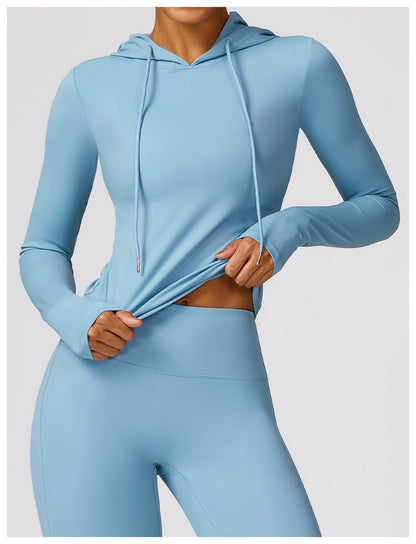 Hooded Quick-drying Long Sleeve Yoga Wear Warm Leisure Workout Clothes Tight T-shirt Sports Running Top