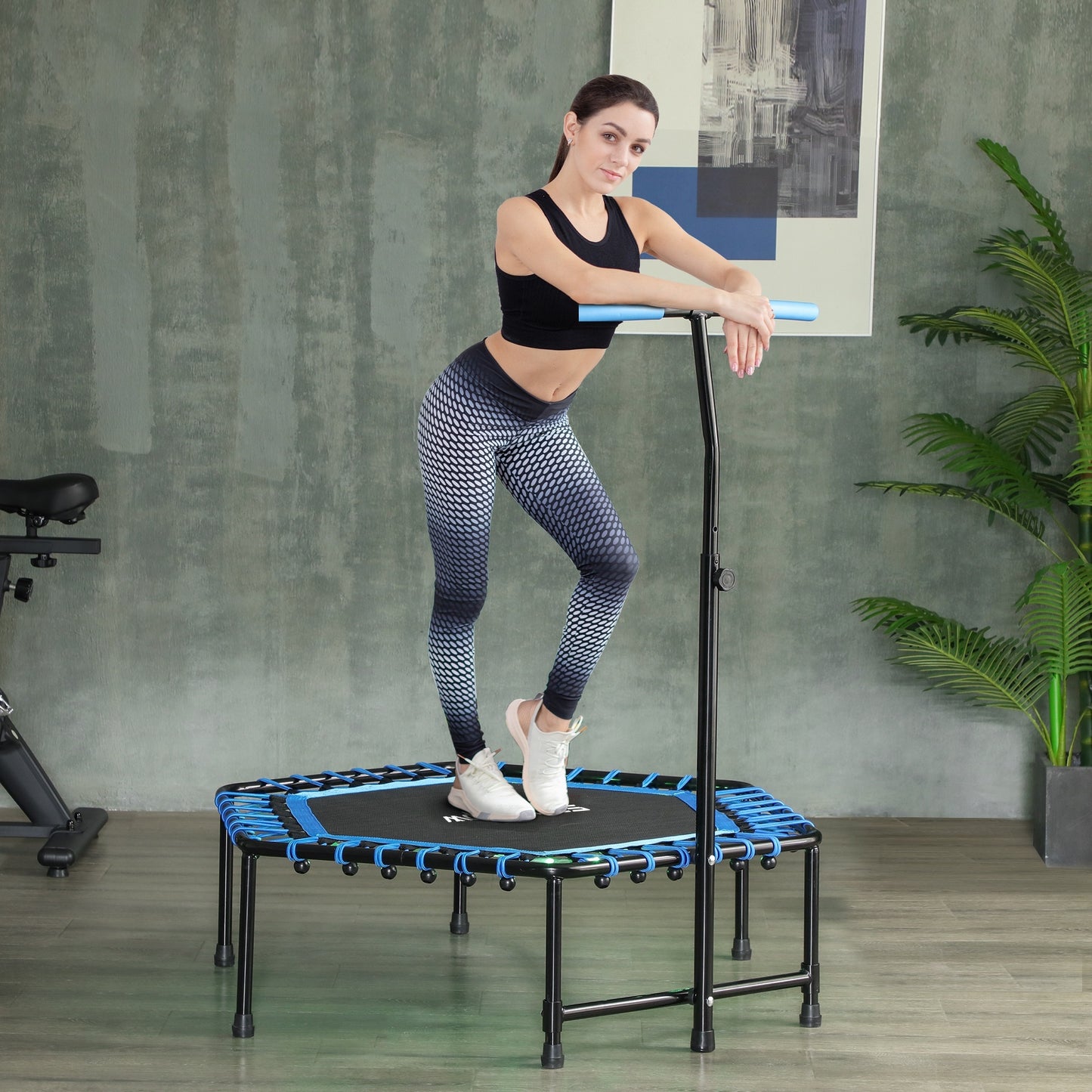 45 Rebounder Trampoline For Adults, Quiet Bungee Rebounder With LED Lights And Adjustable Handle, Blue